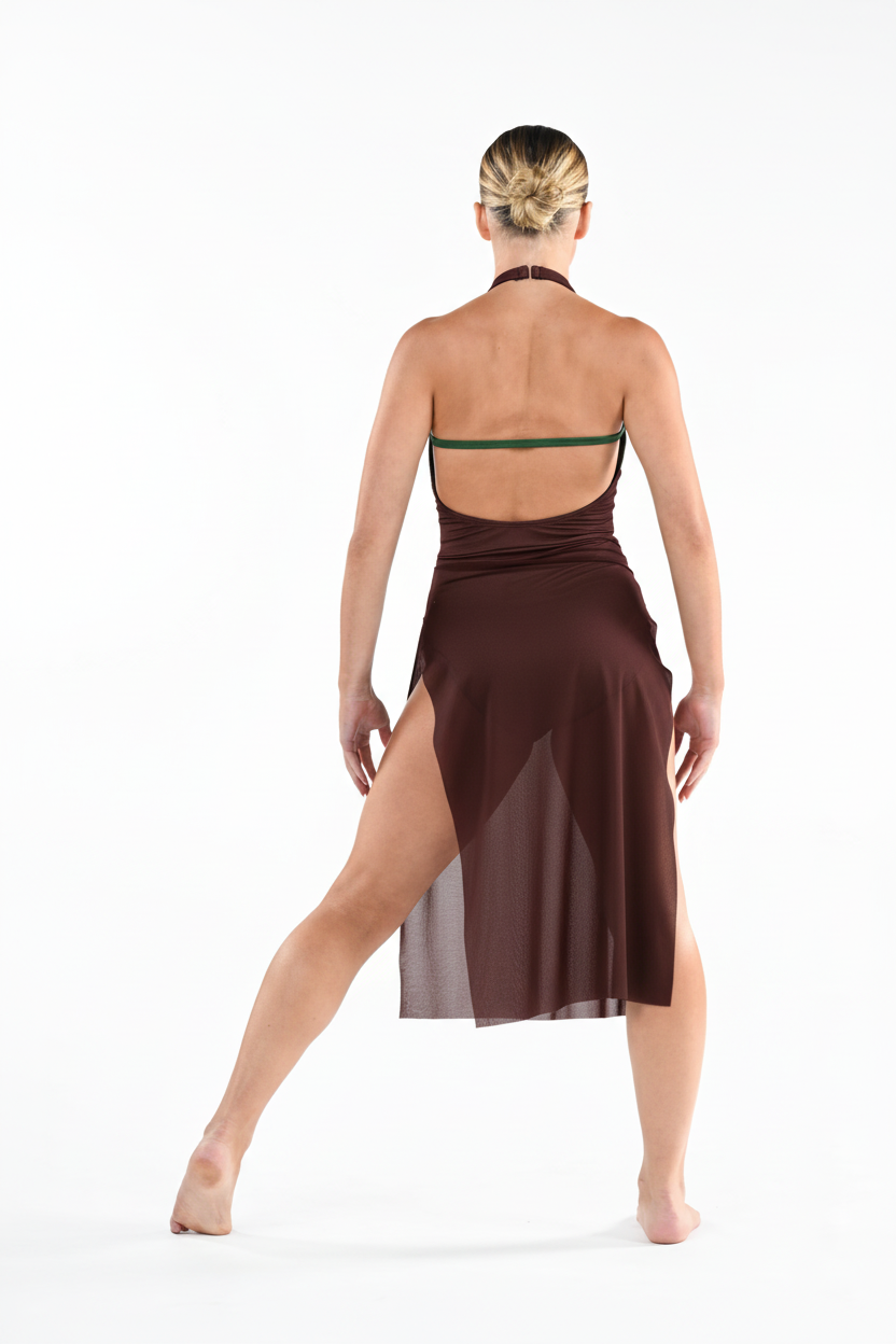 Chocolate tricot dress with full fabric skirt, image 2